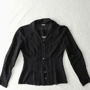 MOSCHINO COUTURE #vintage black pintuck silk lace inlay button blouse 8